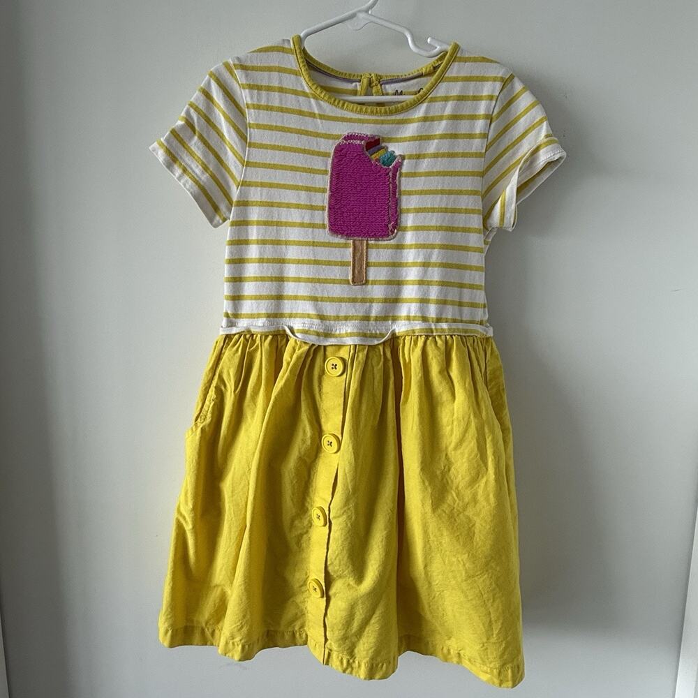 MINI BODEN 100% Cotton Sunshine Yellow Striped Sequin Popsicle Dress Size 6-7Y